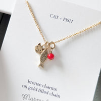 Collier Chat + Poisson: Bronze avec chaîne remplie d'or
