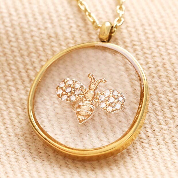 Collier pendentif abeille en résine organique avec acier inoxydable doré