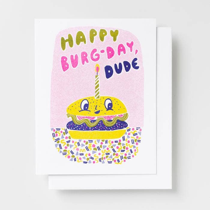 Joyeux Burg-Day, mec | Carte d'anniversaire risographique amusante burger