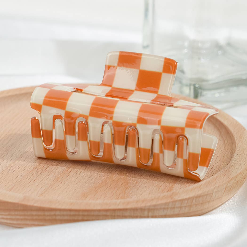 Pince à cheveux carrée à motif damier: Orange / 7,5 CM