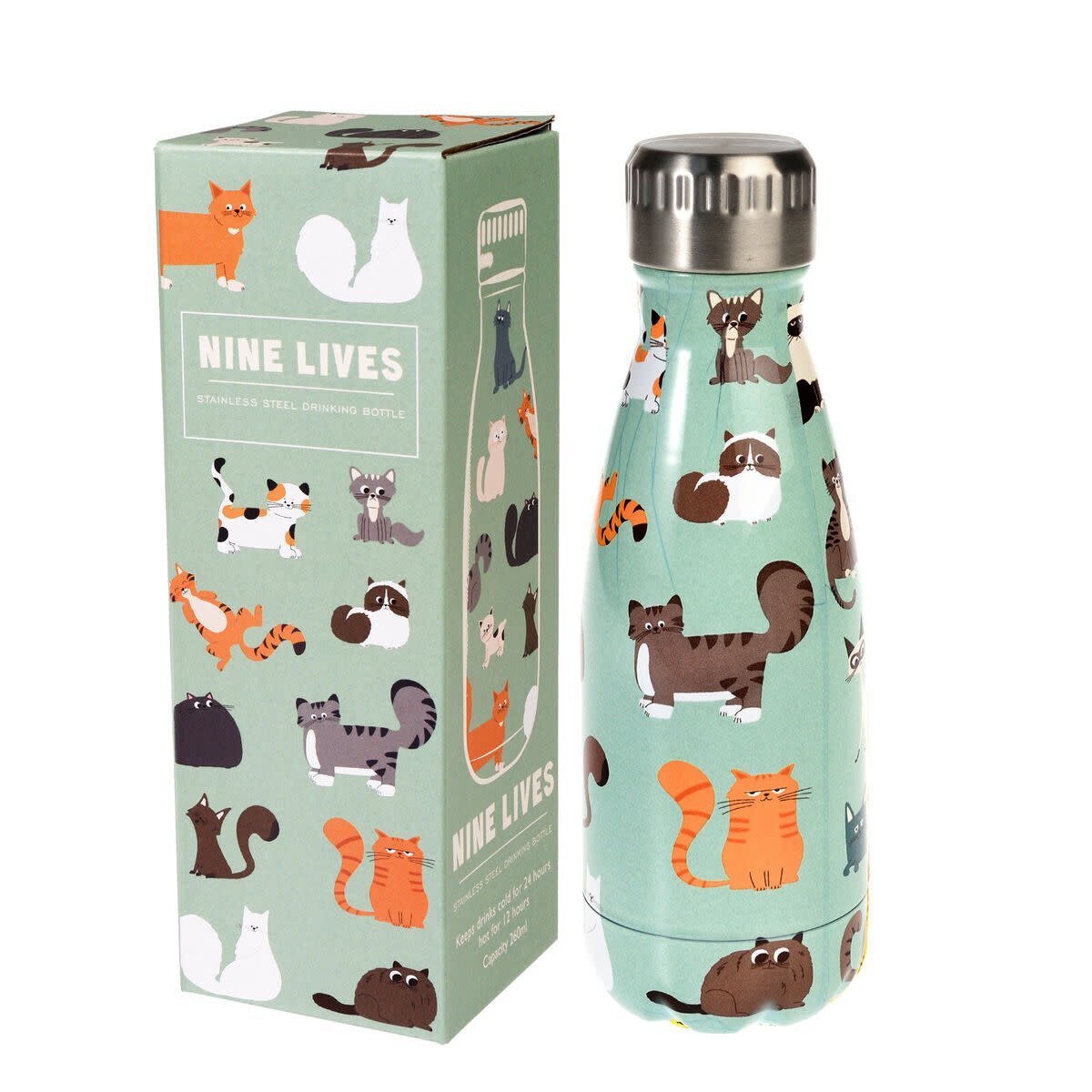 Bouteille en acier inoxydable  - motif chats "neuf vies" - 260 ml