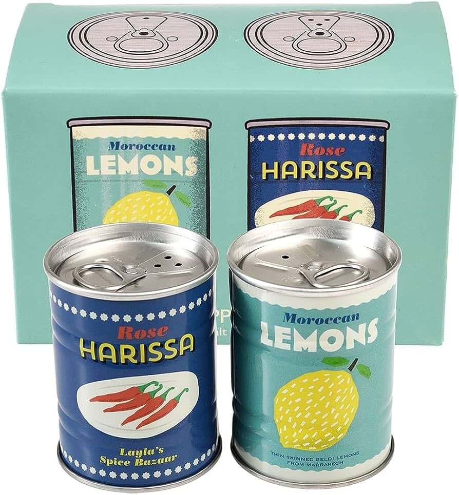 Ensemble de deux pots - salière et poivrière en étain - motif citron & harrissa - Rex London