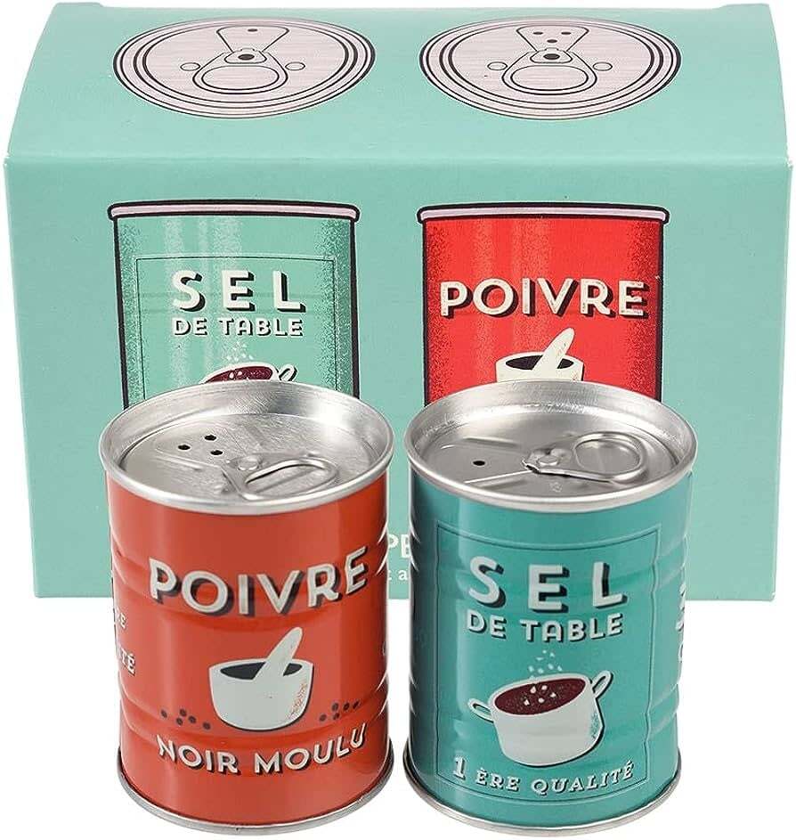 Ensemble de deux pots - salière et poivrière en étain - motif sel & poivre