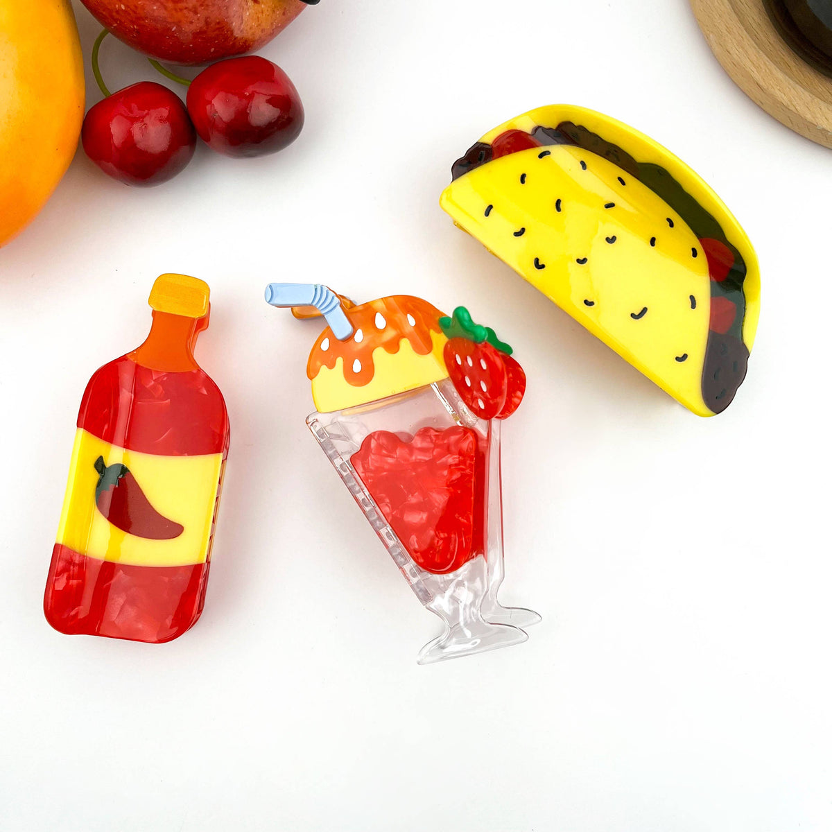 Pinces à cheveux en acétate sur le thème de la nourriture, motifs de sauce piquante et de taco: Sauce Chili