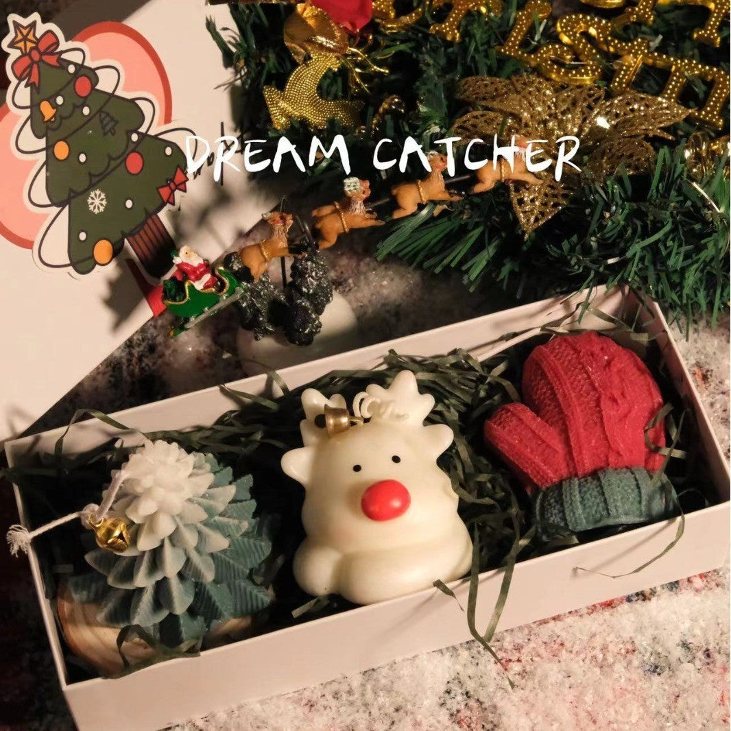 Boîte blanche de chandelles de Noël (paquet de 3 : sapin, renne et mitaine rouge) - LB