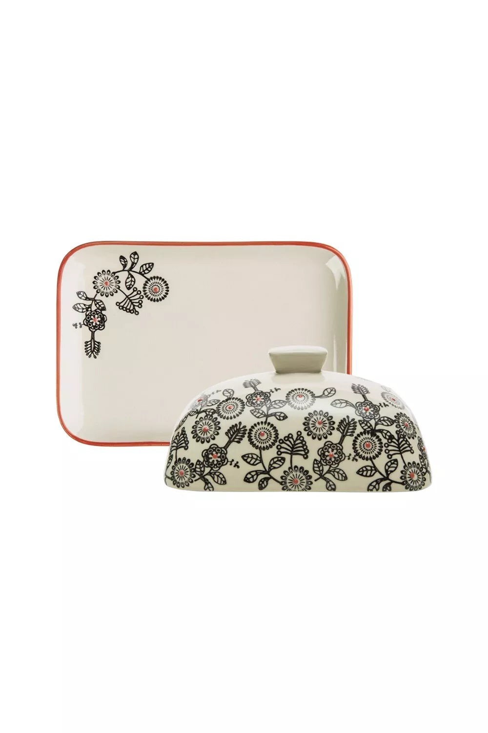 Red and black floral pattern butter dish - Tranquillo
