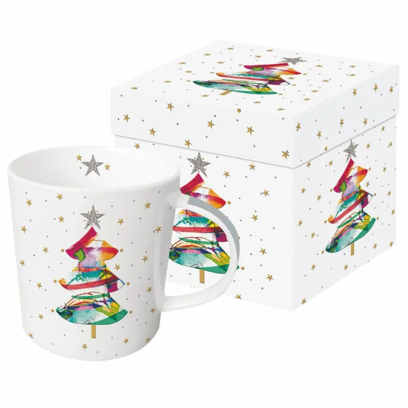 Tasse avec boîte - Sapin de Noël coloré et étoiles dorés - PaperProducts Design
