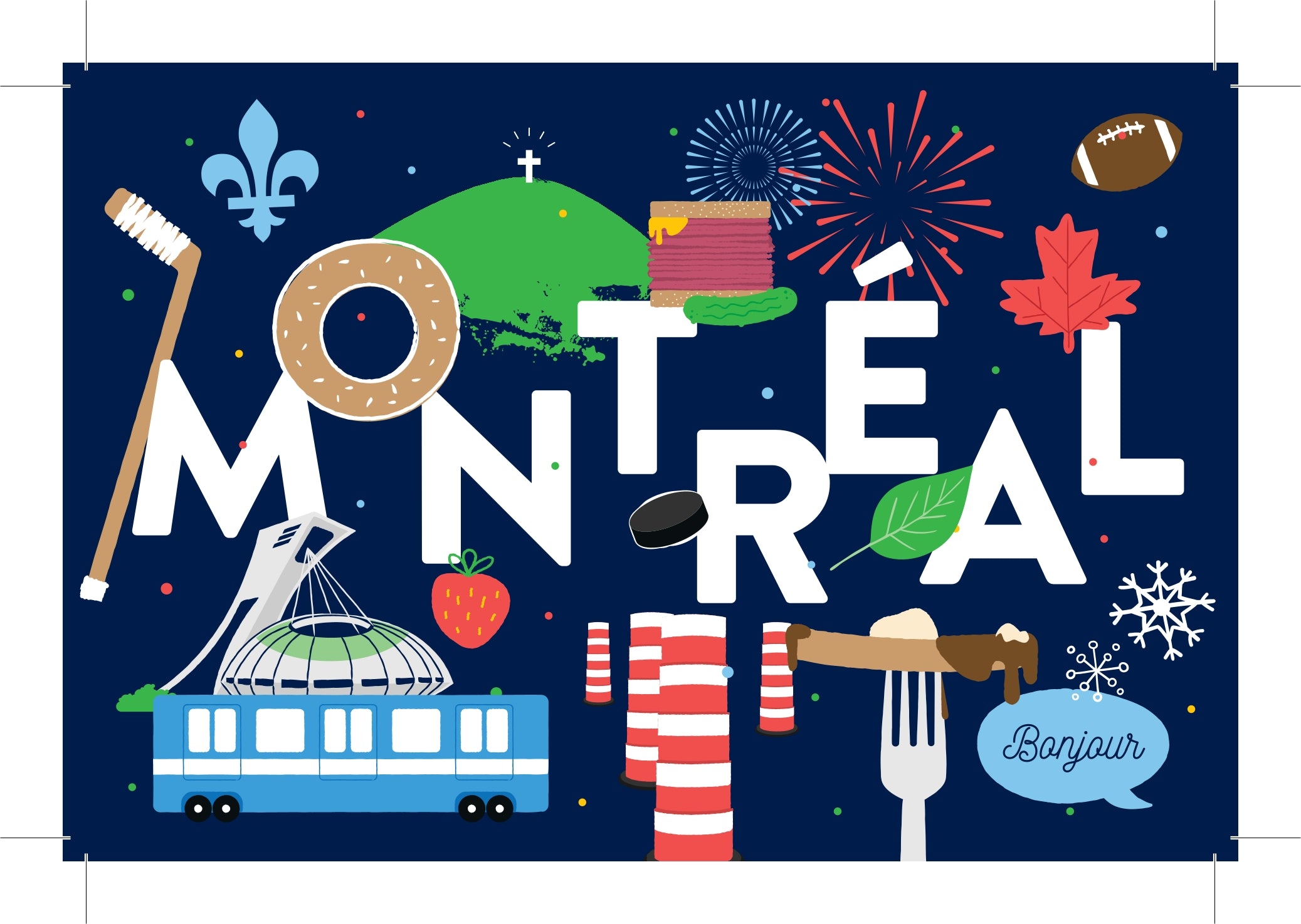 Carte postale bleu Montréal - Bonjour + Emblèmes2 (lustrée) 4 x 6 LB