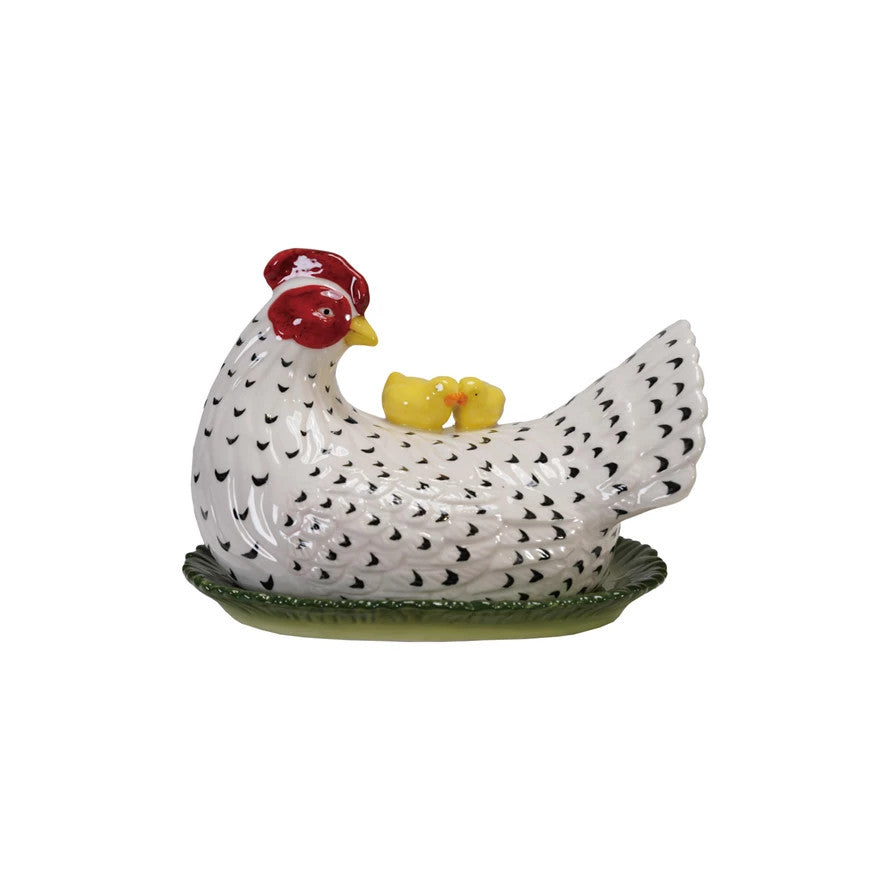 Hand-painted ceramic butter dish - Hen and chicks - Creative Coop