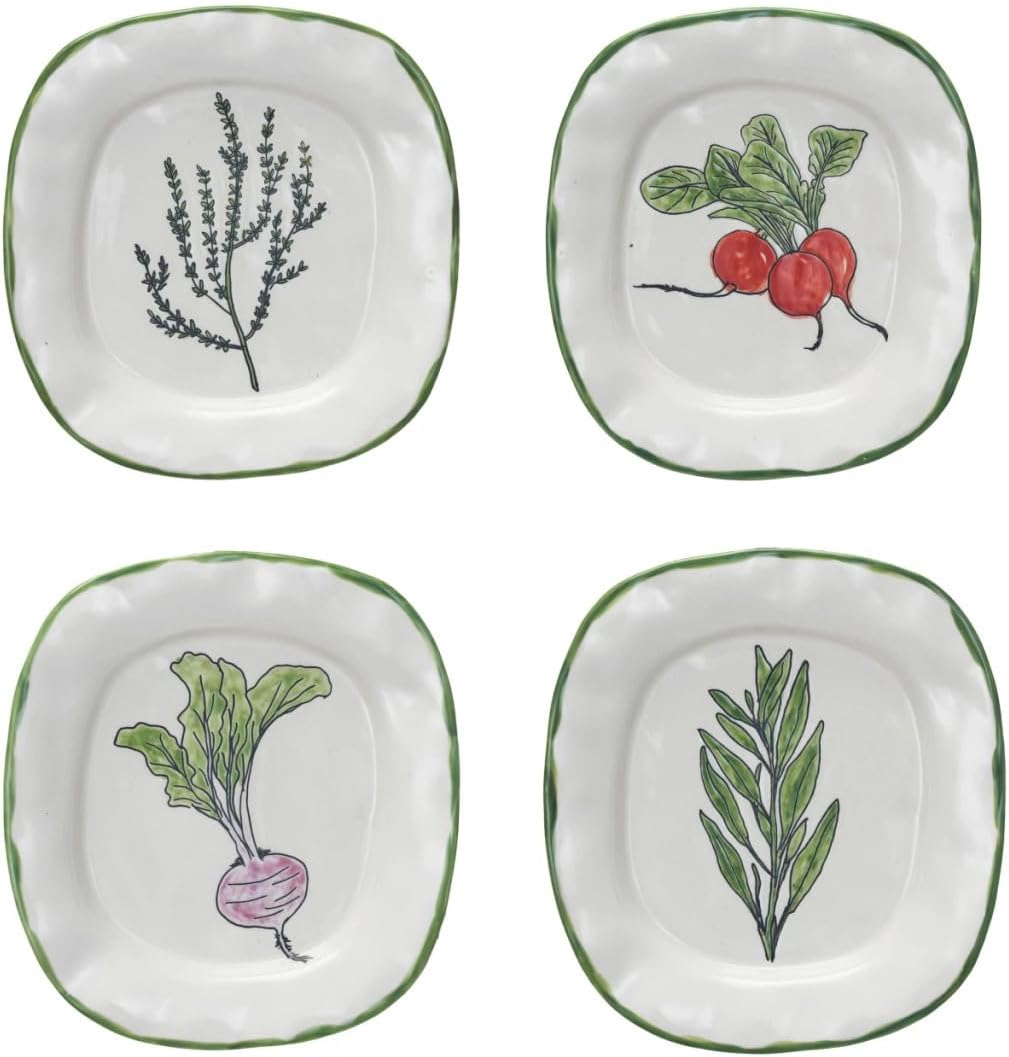 Assiette céramique peint à la main - Herbes et légumes racines - Creative Coop