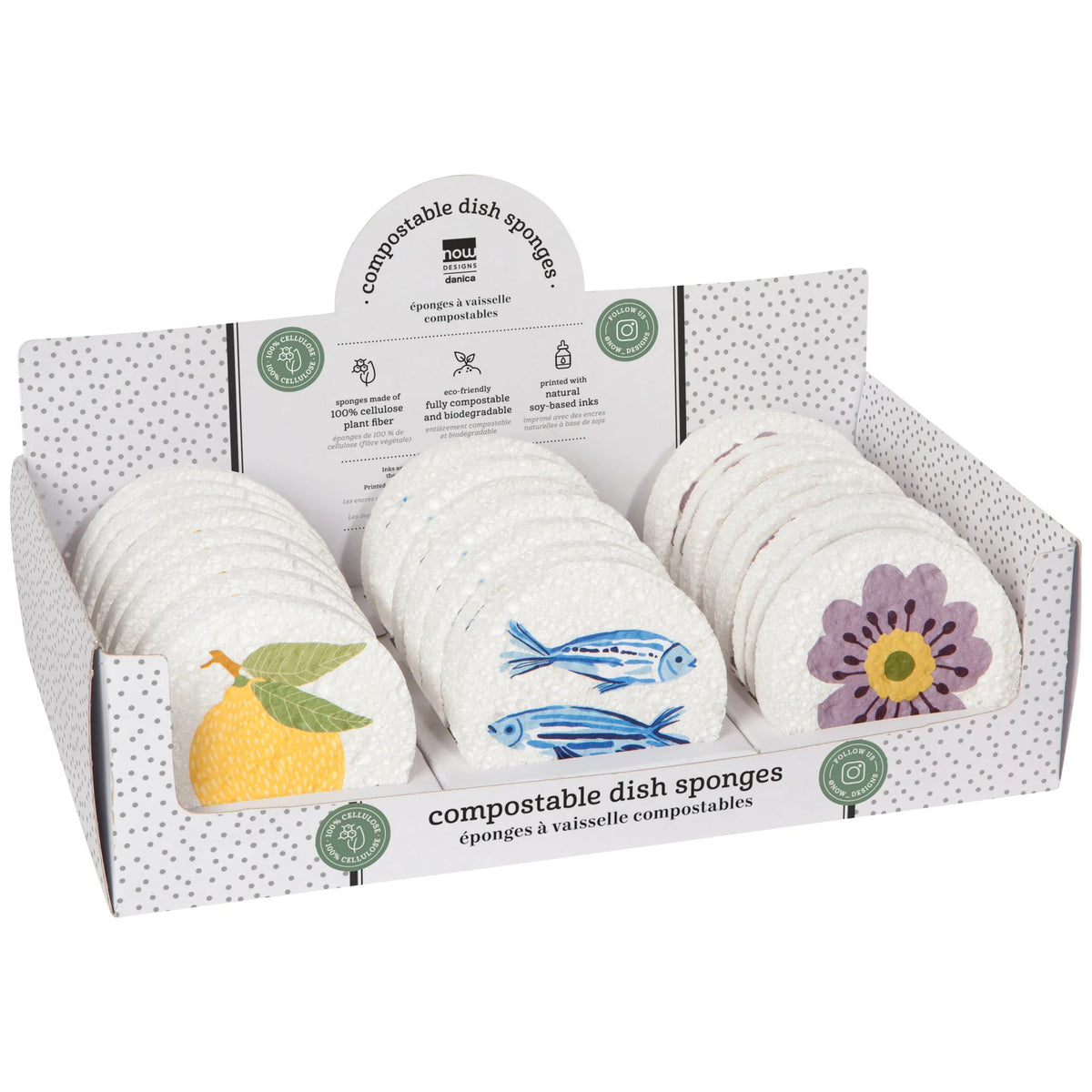 Éponges à vaisselle compostables - Fleur mauve, poissons bleus et citron jaune - Danica ND