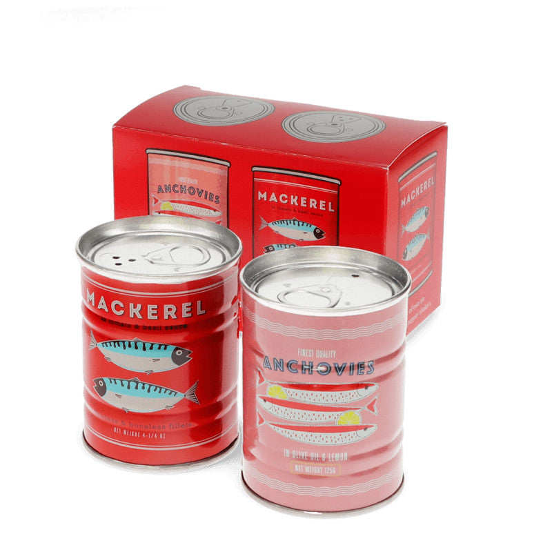 Set of two tin salt and pepper shakers with anchovy and mackerel motif