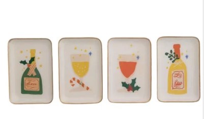 Assiette rectangulaire en métal - Verre de vin avec symboles de Noël - Creative Coop