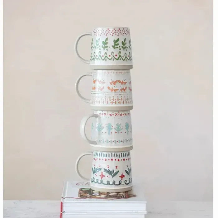 16oz Ceramic Mug (Wide Base) - Handmade (Christmas Designs: 4 Different Styles) - Creative Coop