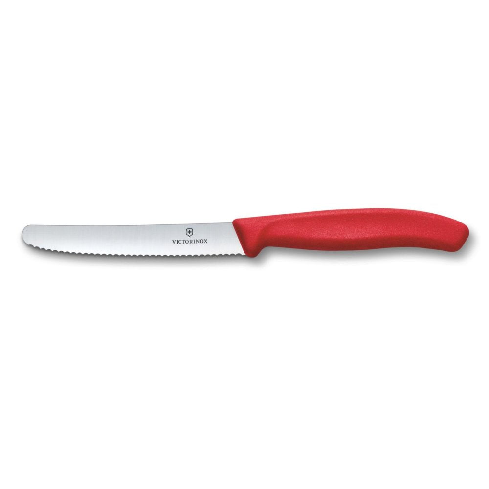 Couteau 11 cm lame dentelée bout rond - Rouge