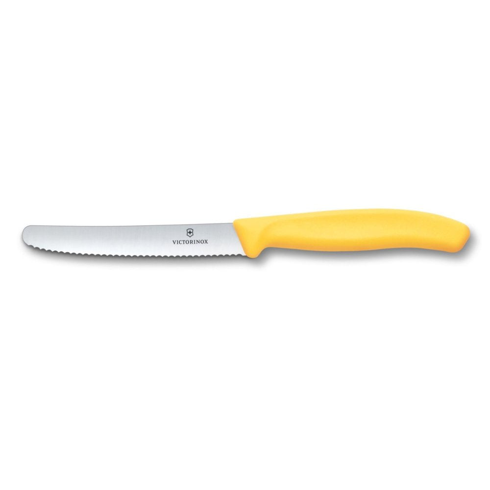 Couteau 11 cm lame dentelée bout rond - Jaune