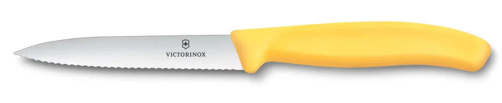 Couteau 11 cm lame dentelée bout pointu - Jaune
