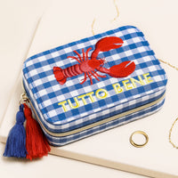 Boîte à bijoux de voyage rectangulaire à motif vichy bleu et homards