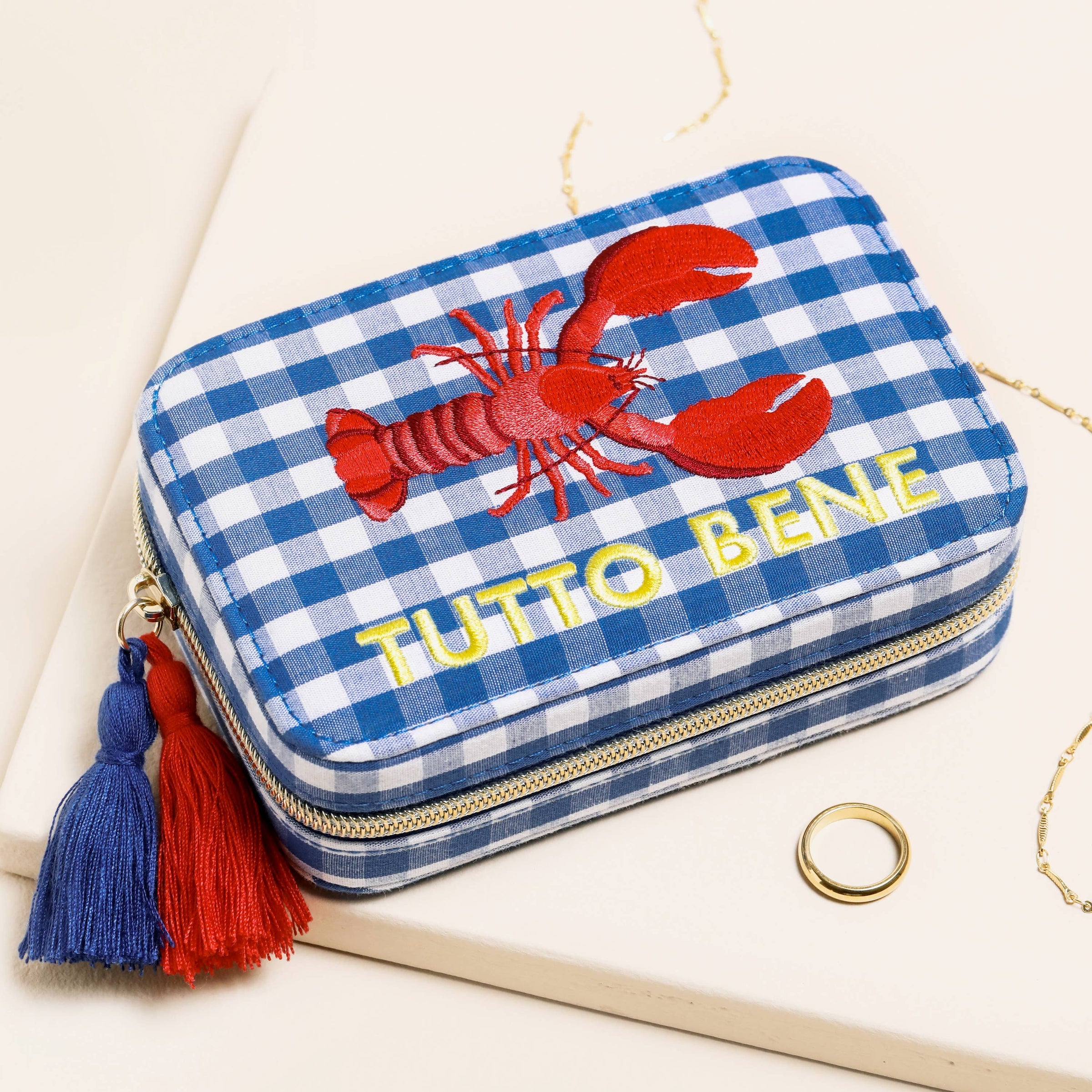 Boîte à bijoux de voyage rectangulaire à motif vichy bleu et homards