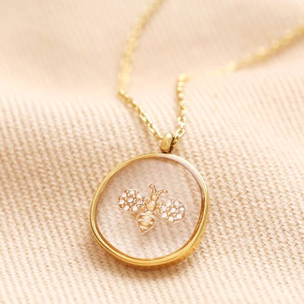Collier pendentif abeille en résine organique avec acier inoxydable doré
