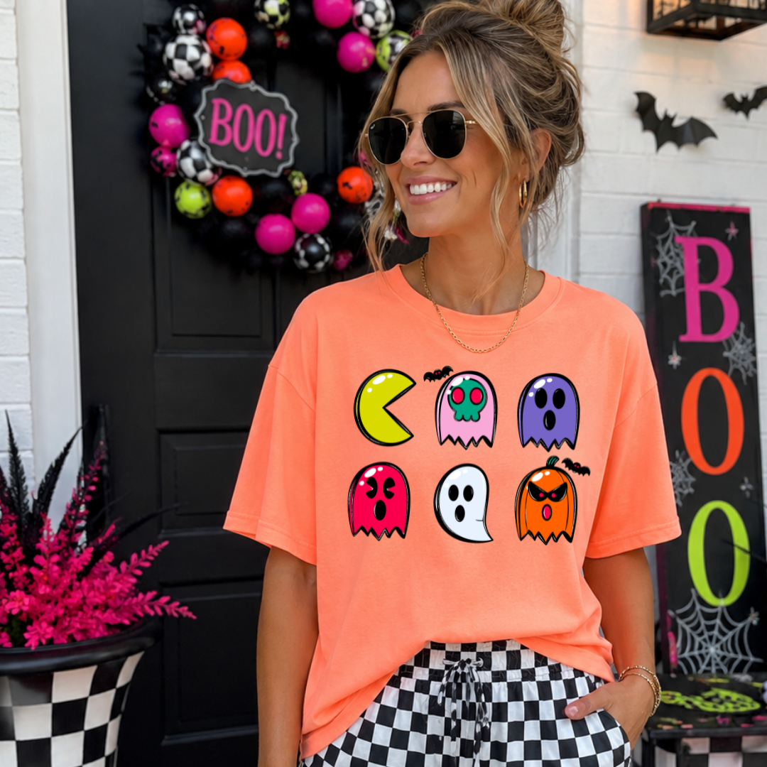 Transfert DTF pleine couleur pour t-shirt - Fantômes lumineux Pac-Man: Pocket (4.5")