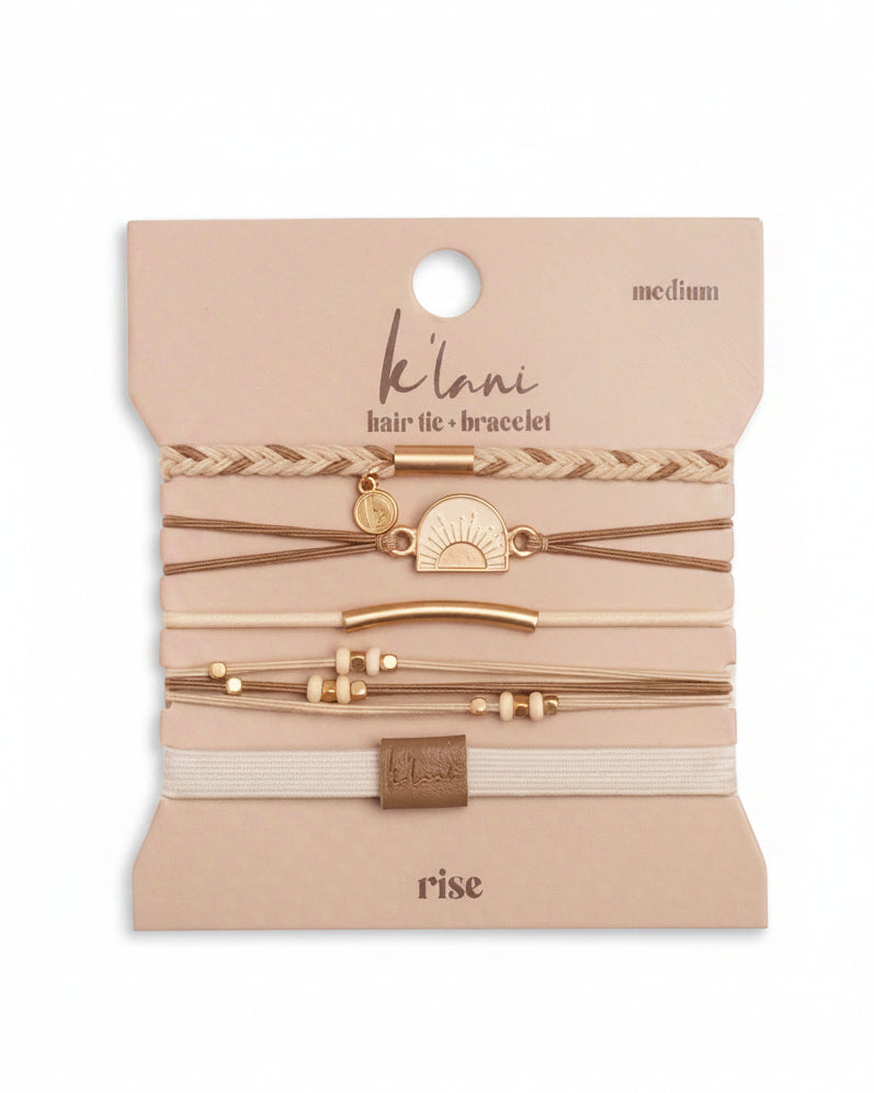 Bracelets élastiques à cheveux « Rise » crème et bronzage avec accents or et soleil (medium)