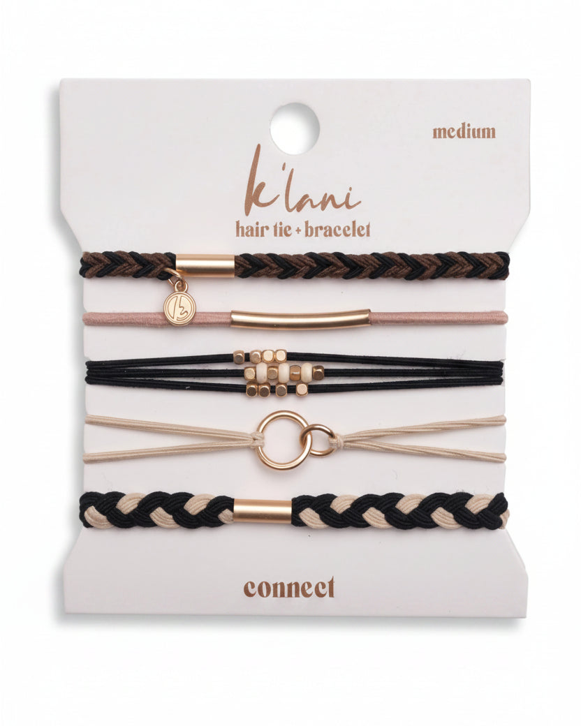 Bracelets élastiques à cheveux « Connect » noirs et crème avec accents dorés (medium)