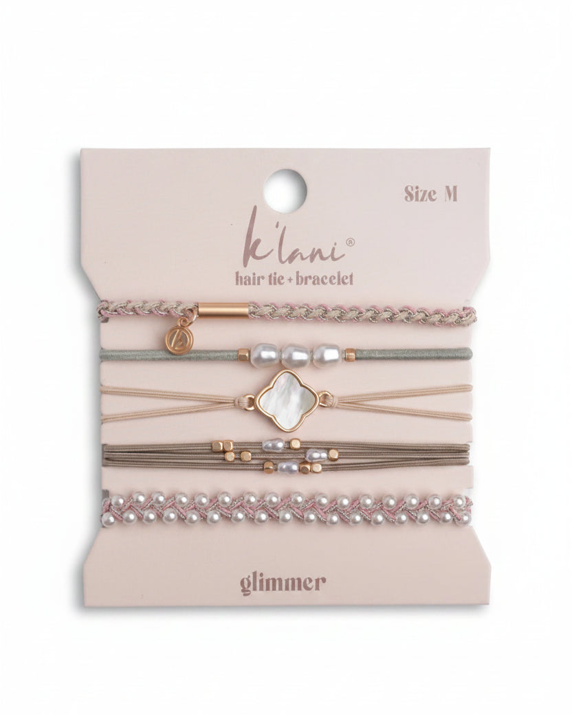 Bracelets élastiques à cheveux « Glimmer » rose tendre avec perles et détails dorés (medium)