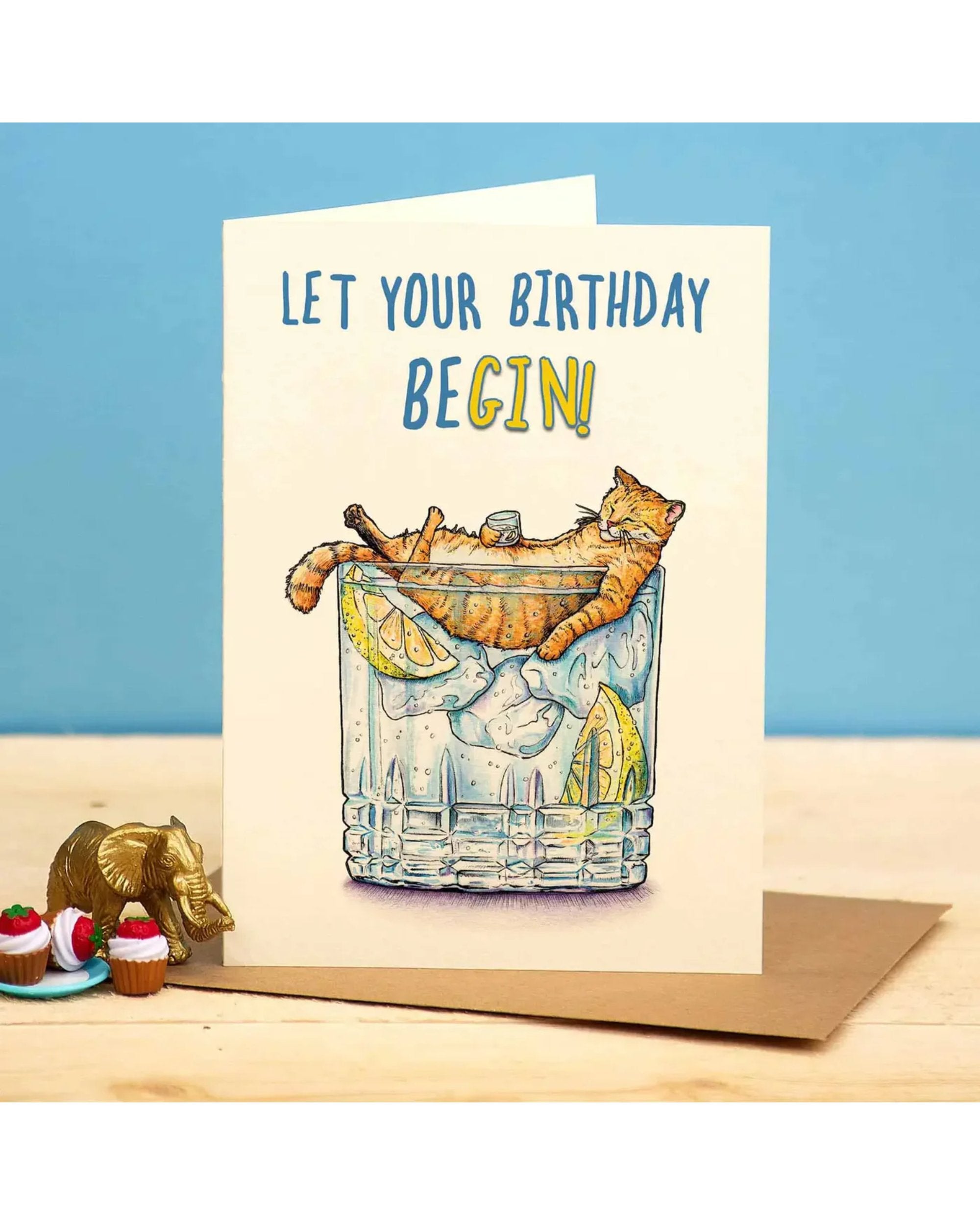 Carte de souhaits - Let your birthday beGIN! (Chat dans une coupe de gin)