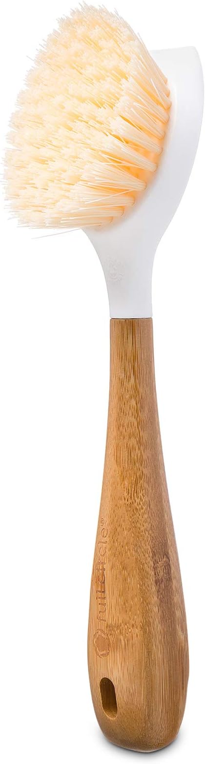 White dish brush with wooden handle