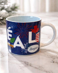 Blue ceramic mug Bonjour Montréal emblems 2 LB