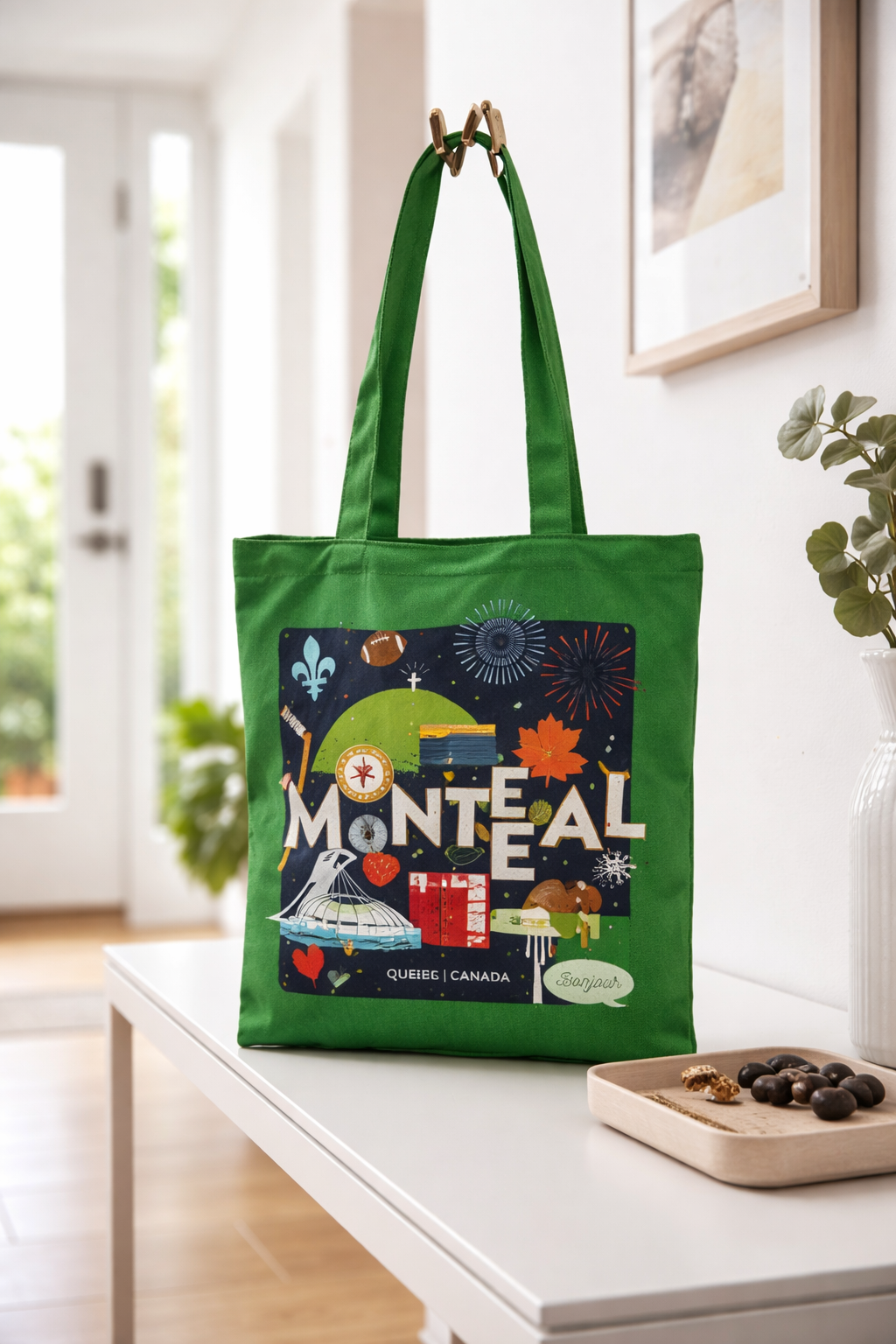 Sac tote réutilisable vert "Montréal emblèmes" - LB