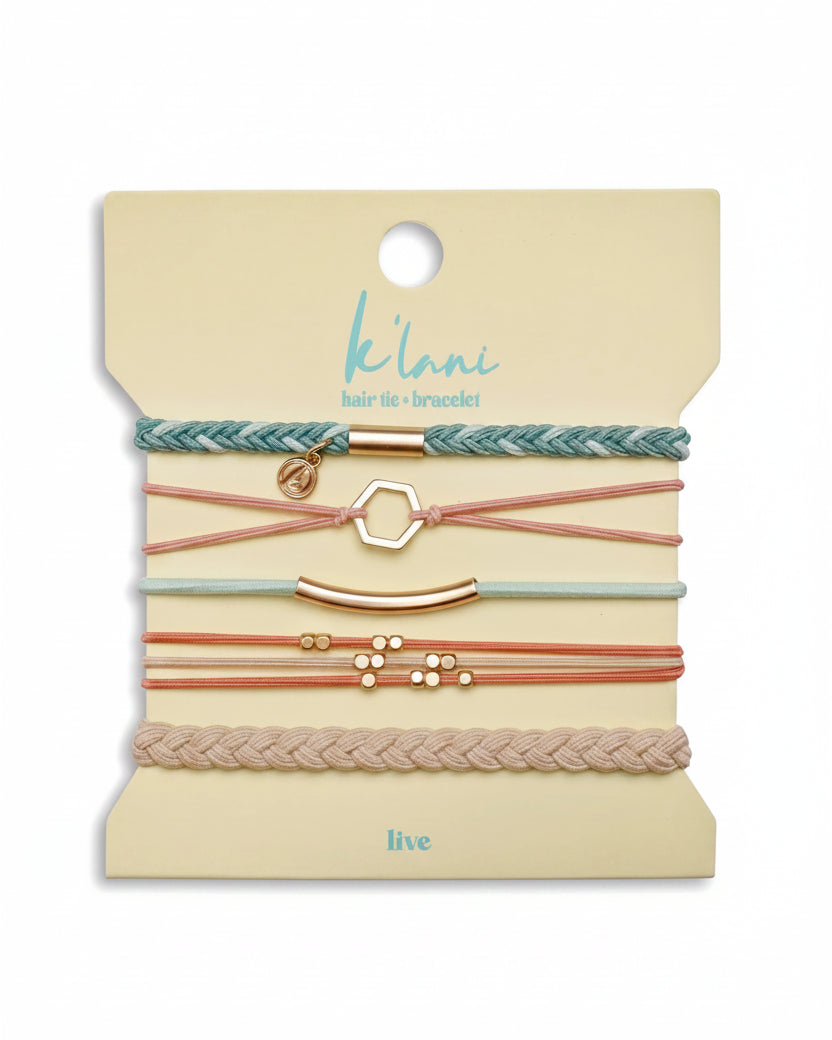 Bracelets élastiques à cheveux « Live » bleu sarcelle et corail avec accents dorés (medium)