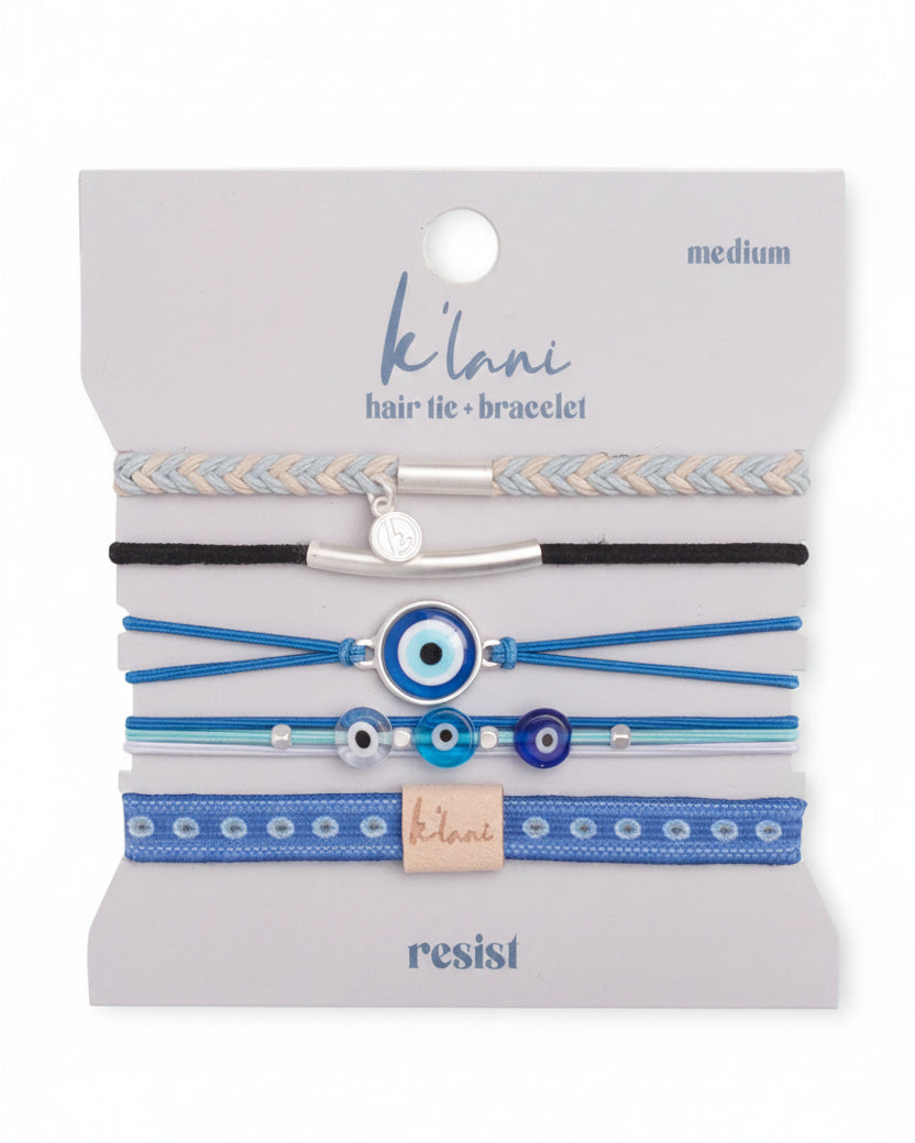 Bracelets élastiques à cheveux « Résiste » œil bleu maléfique (medium)