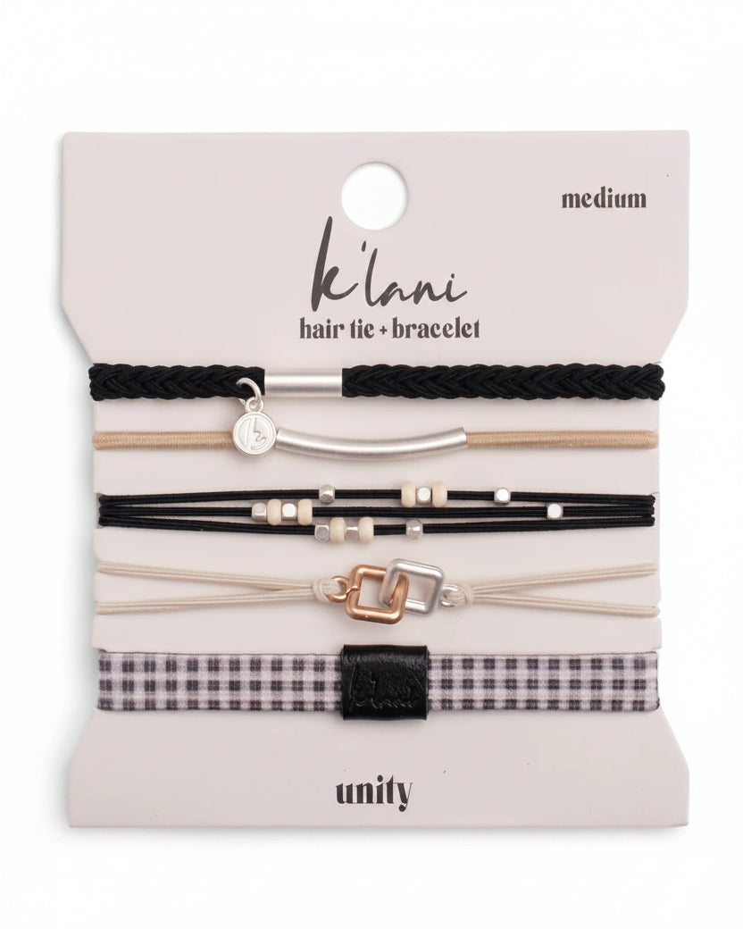 Bracelets élastiques à cheveux noirs et argentés « Unité » (medium)