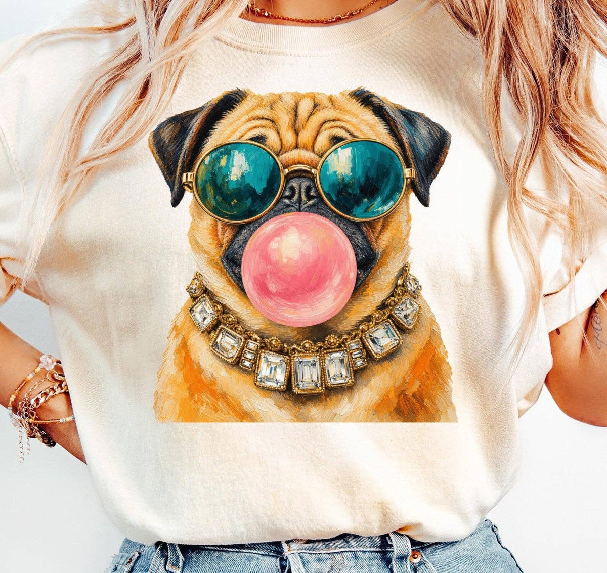 Transfert DTF pour T-shirt pleine couleur - Carlin glamour Bubblegum: Adult (11")