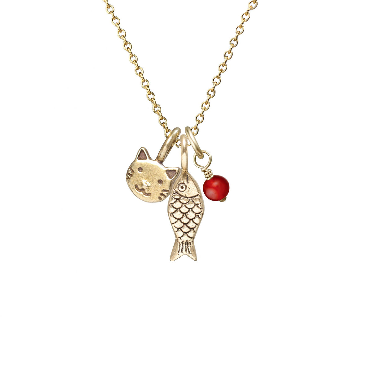 Collier Chat + Poisson: Bronze avec chaîne remplie d'or