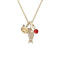 Collier Chat + Poisson: Bronze avec chaîne remplie d'or