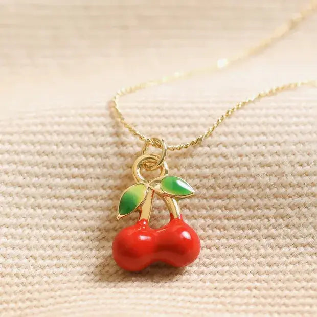 Collier à pendentif en émail cerise rouge en or