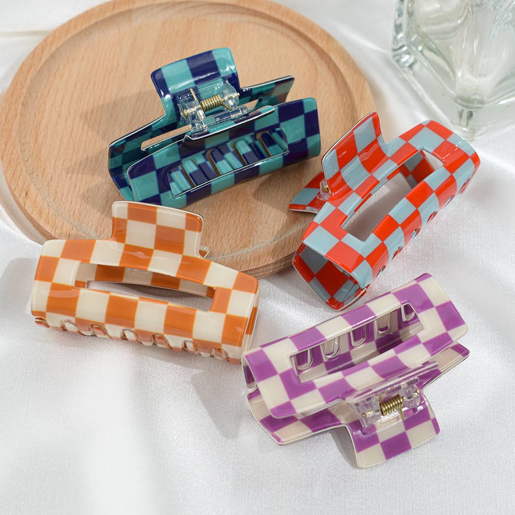 Pince à cheveux carrée à motif damier: Orange / 7,5 CM