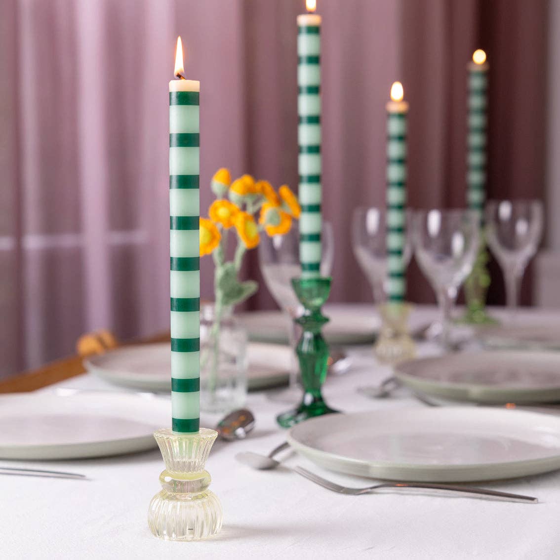 Bougies de table à rayures vertes - Présentoir | Cadeaux du quotidien |