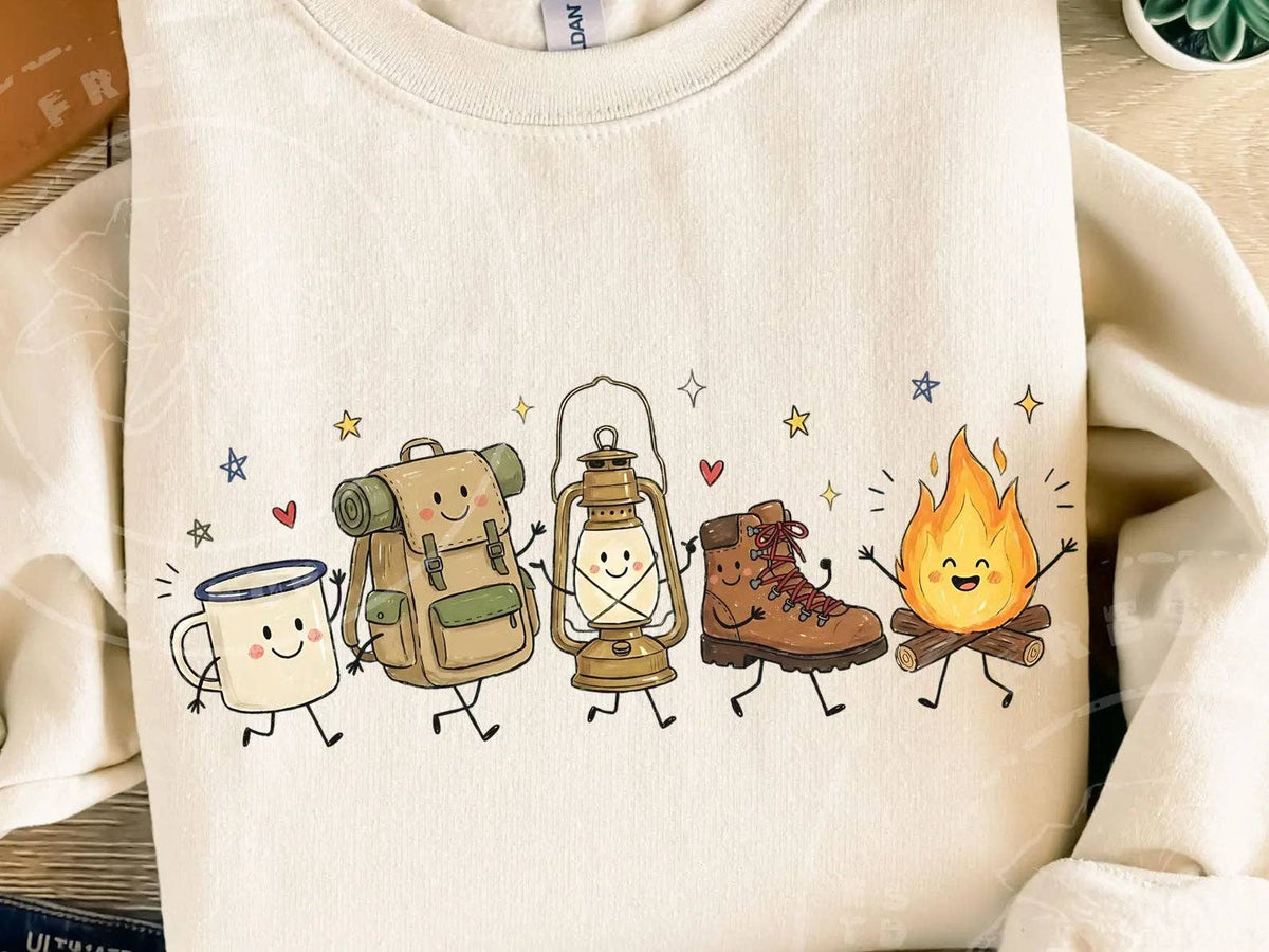 Transfert DTF pleine couleur pour T-shirt - Gribouillis de camping: Poche (4,5")