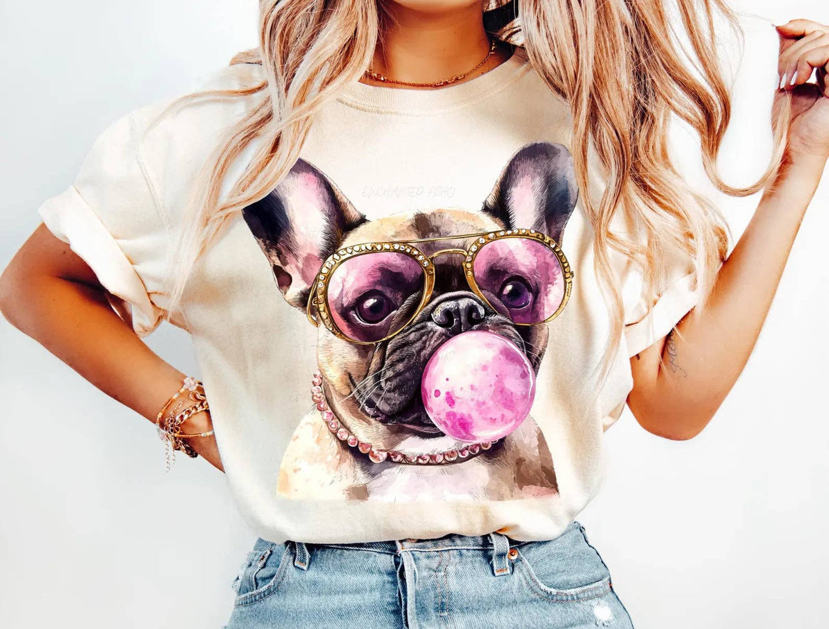 Transfert couleur pleine DTF - Bouledogue français Bubble Gum: Poche (4,5")