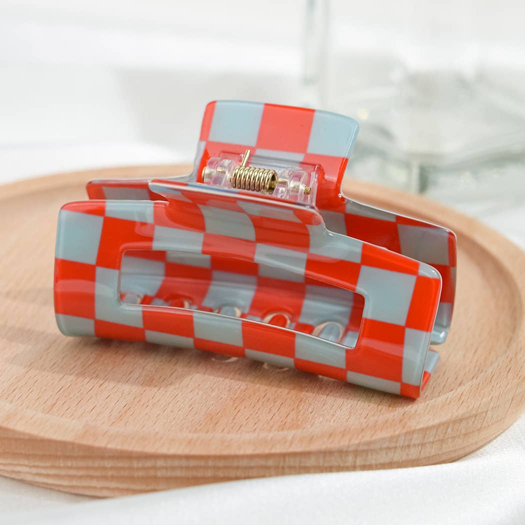 Pince à cheveux carrée à motif damier: Orange / 7,5 CM