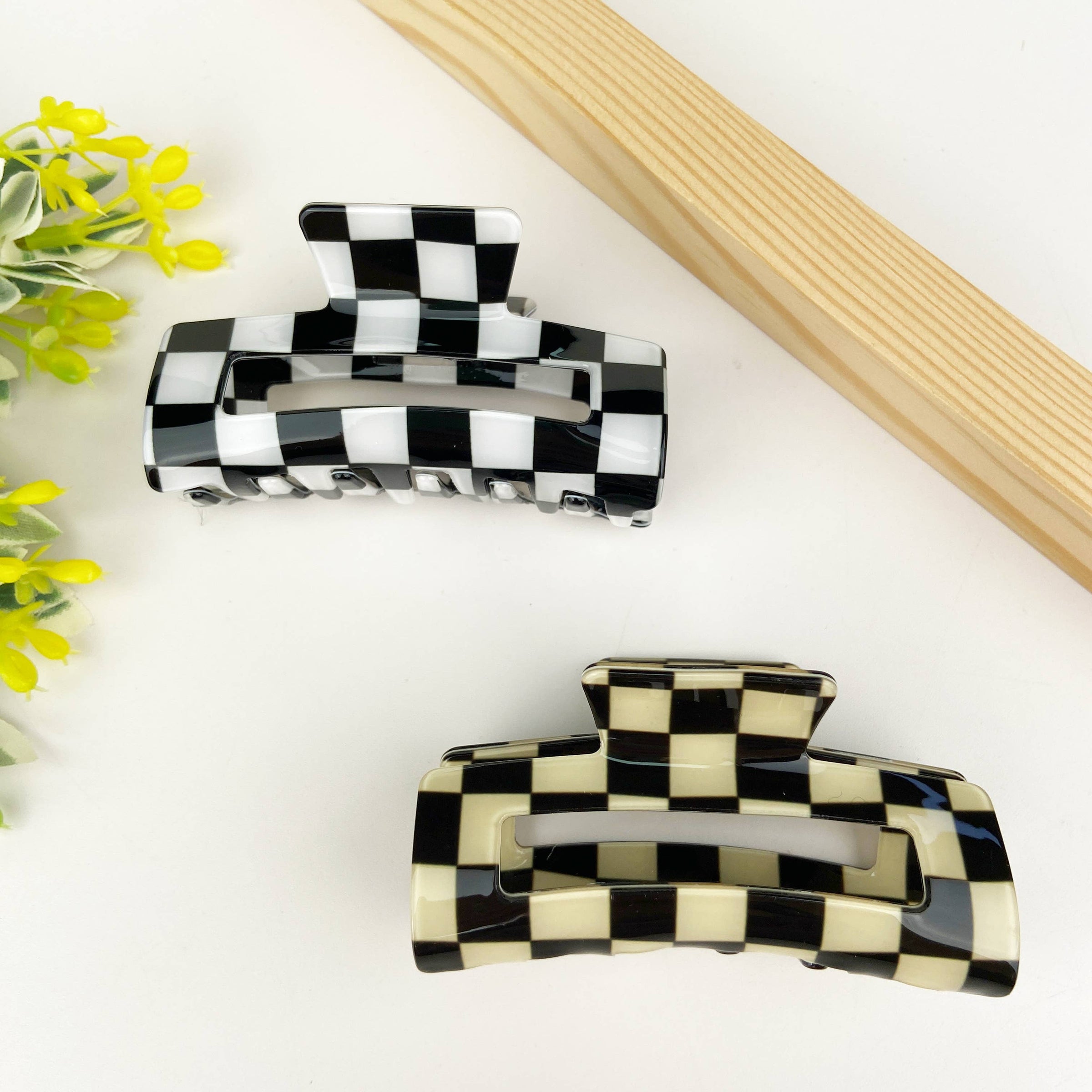 Pince à cheveux rétro à motif damier: Beige noir