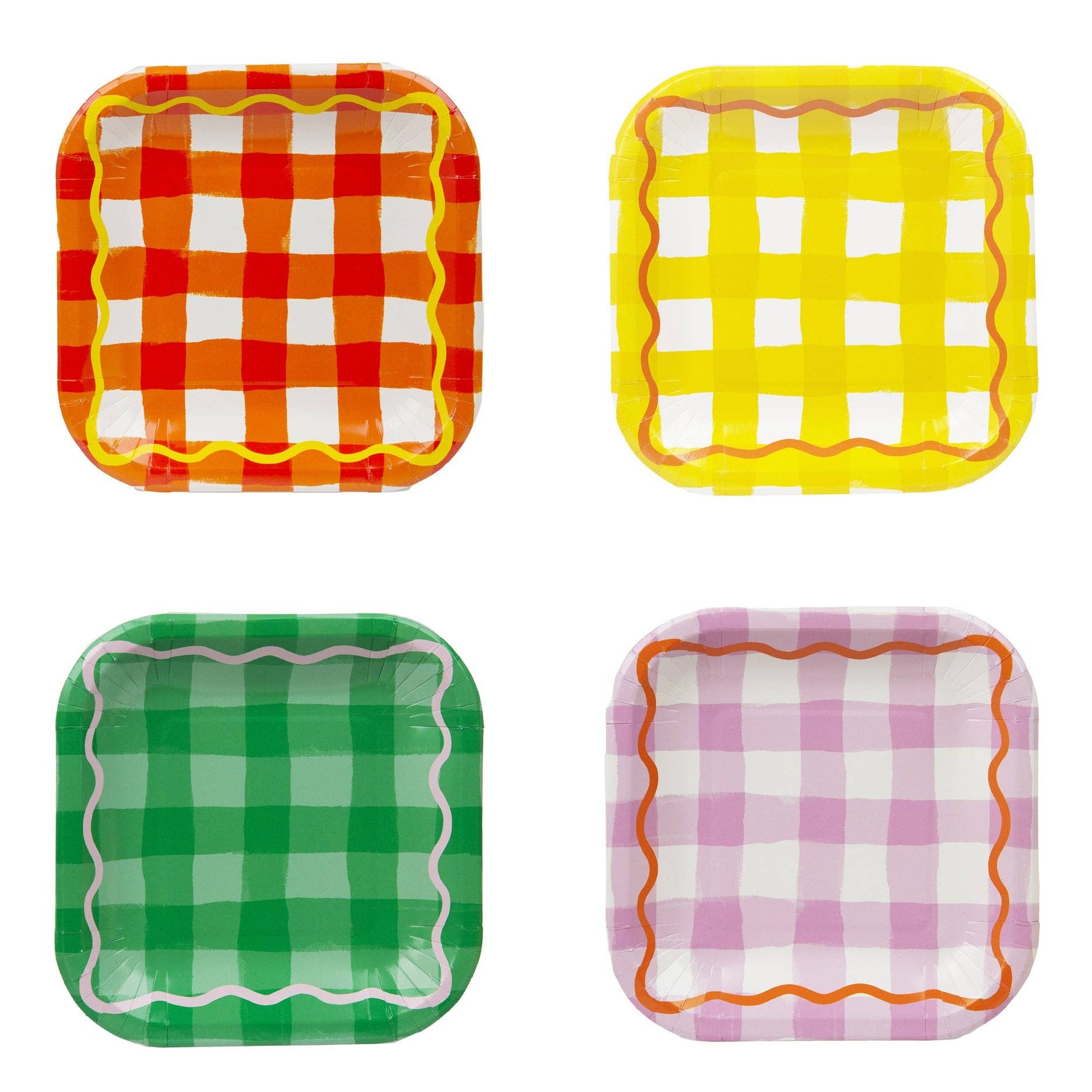 Assiettes carrées en vichy coloré - Pack de 12 | Fournitures de fête |