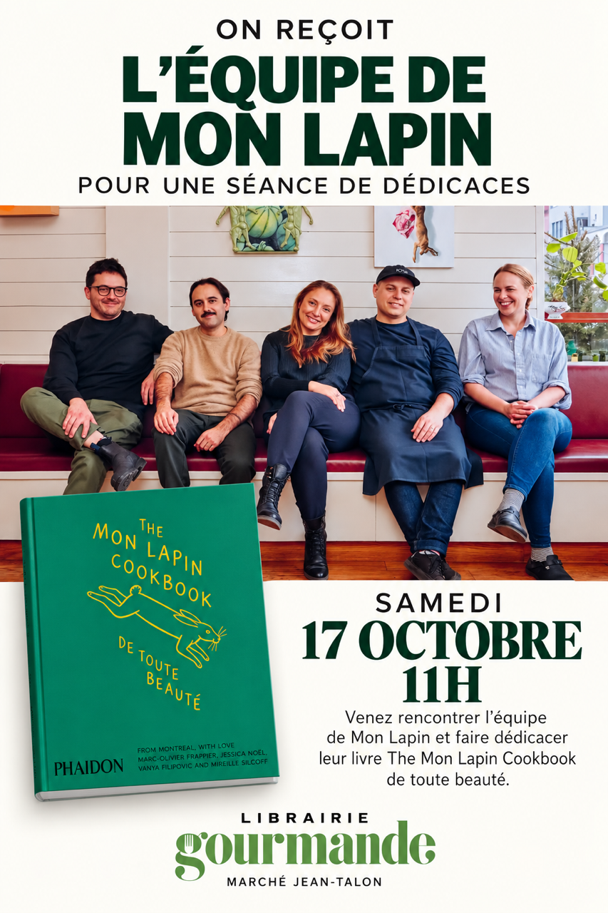 On reçoit l'équipe de Mon Lapin pour une séance de dédicaces, samedi 17 octobre à 11 h, à la Librairie Gourmande, Marché Jean-Talon.