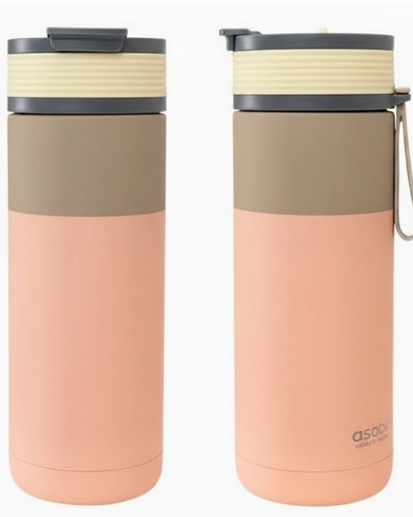 Stainless steel travel coffee mug (ceramic interior), green and orange, 12 oz.