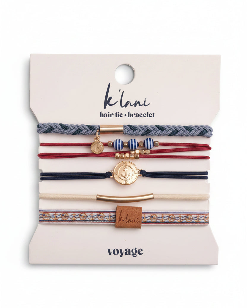 Bracelets élastiques à cheveux « Voyage » style nautique classique, bleu marine, rouge et or avec ancres (medium)